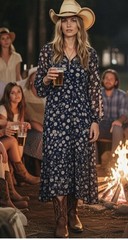 Free People Yellowstone Prairie Western Floral Print Midi Dress Slip Chiffon M