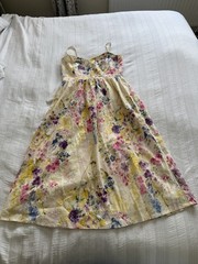 H&M Ivory Purple Yellow Blue Floral Linen Cotton Strappy Midi Dress Size M