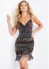 NWT Jovani Black Multi Sequin Beaded Mini Homecoming Cocktail Fringe Dress 10