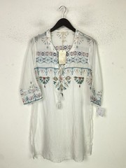 Laraethnics White Printed Tunic Dress Tassel Tie 3/4 Sleeve Lightweight UK L New