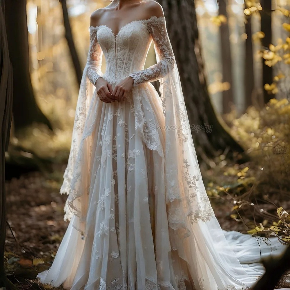 Vintage Victorian Wedding Dress Off Shoulder Cape Sleeves Lace A-Line Bride Gown