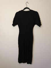 Black Ribbed Knit Midi Dress Gold Button Detail Short Sleeve Bodycon Size Large