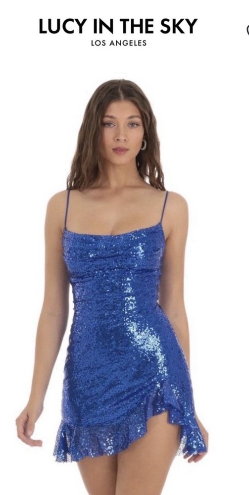 LUCY IN THE SKY Women Royal Blue Sequin Lace-Up Back Mini Dress Sz SMALL