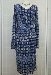 Fenn Wright Manson Dress Size 12 Blue Patterned Silky Jersey Ruched Bodycon Midi