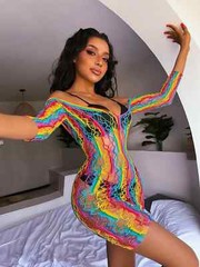 Sexy LGBT Rainbow Pride Hollow Out Off Shoulder Bodycon Babydoll Dress US Seller
