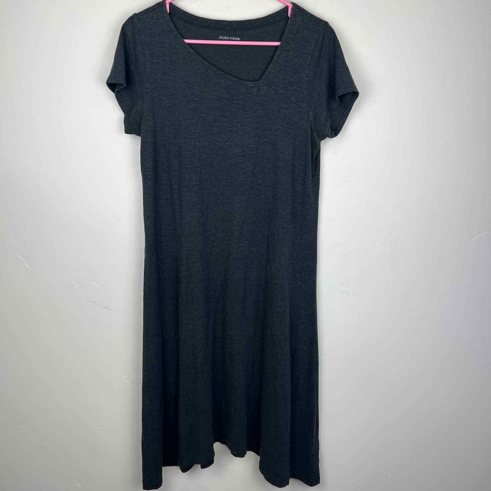 Eileen Fisher Hemp Organic Cotton Blend Asymmetrical Collar Gray Dress Womens: S