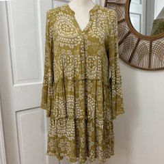 Elan Tiered Bell Sleeve Dress Sm Mustard Boho Festival Flowy Hippie Coachella