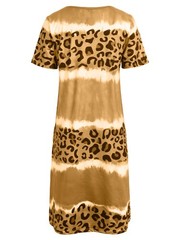 Womens V Neck Tie Dye Leopard Casual T-Shirt Dress Summer Short Sleeve Dresses