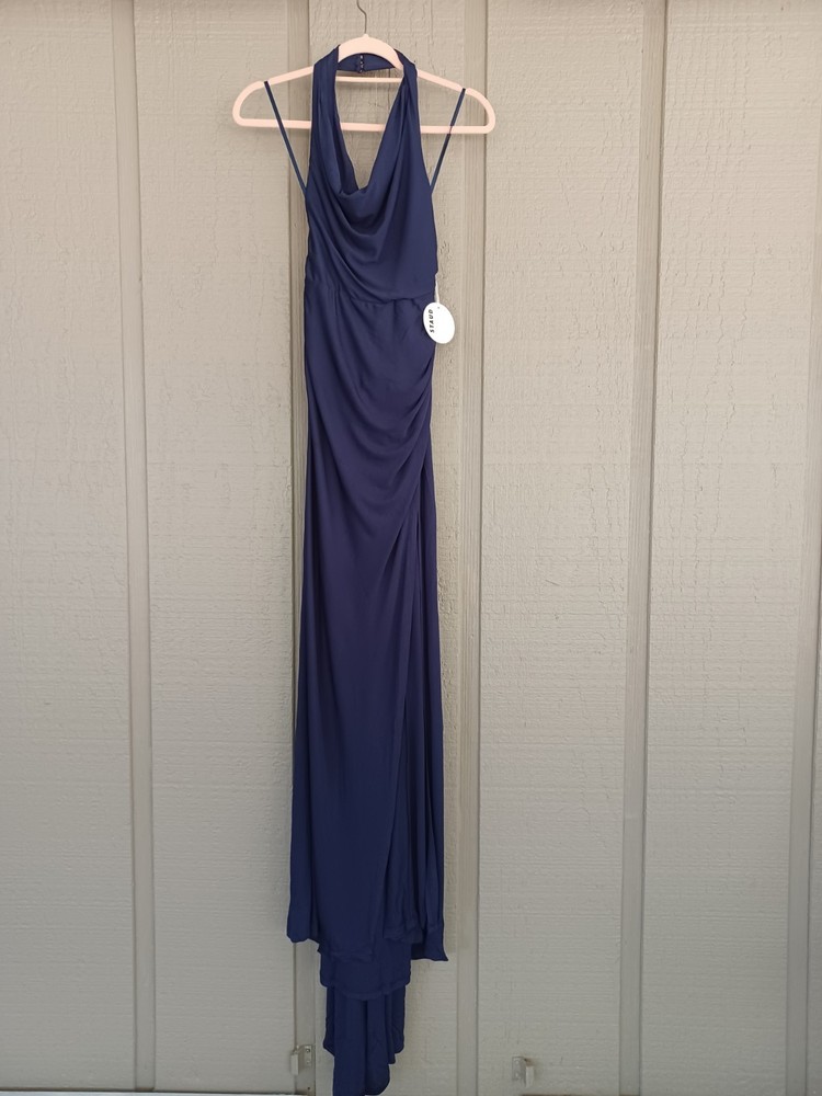 Staud Julius High Slit Gown Size XS Women Open Back Cowl Halter Neck In Navy