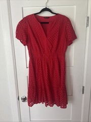 Pretty Garden Dress Womens Size L Red V-neck Short Sleeve Eyelet Daytime Party