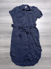 Teddi Rose Dress Womens Medium Navy Button Down Belted Tencel Pockets