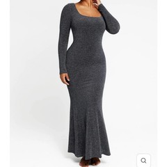 Shapellx Elegant Silver Metallic Stretch Long Sleeve Dress