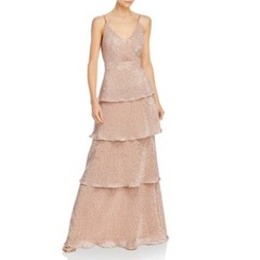 AQUA Rose Gold Pink Evening Gown Sequined Tiered Ruffle A-Line Dress Size 4
