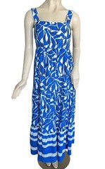Nine West Tiered Midi Dress Size Small Square Neck Geometric Stripes Blue Classy