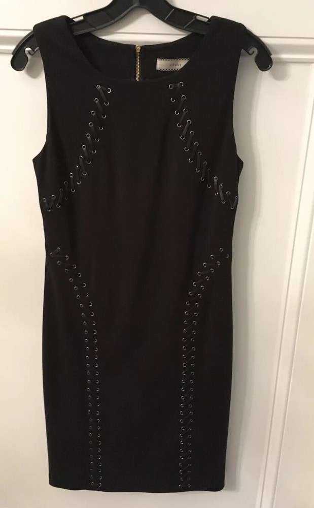 CLUNY Black Sleeveless Sheath Dress; Black Leather W/ Silver Grommets; 6; $388