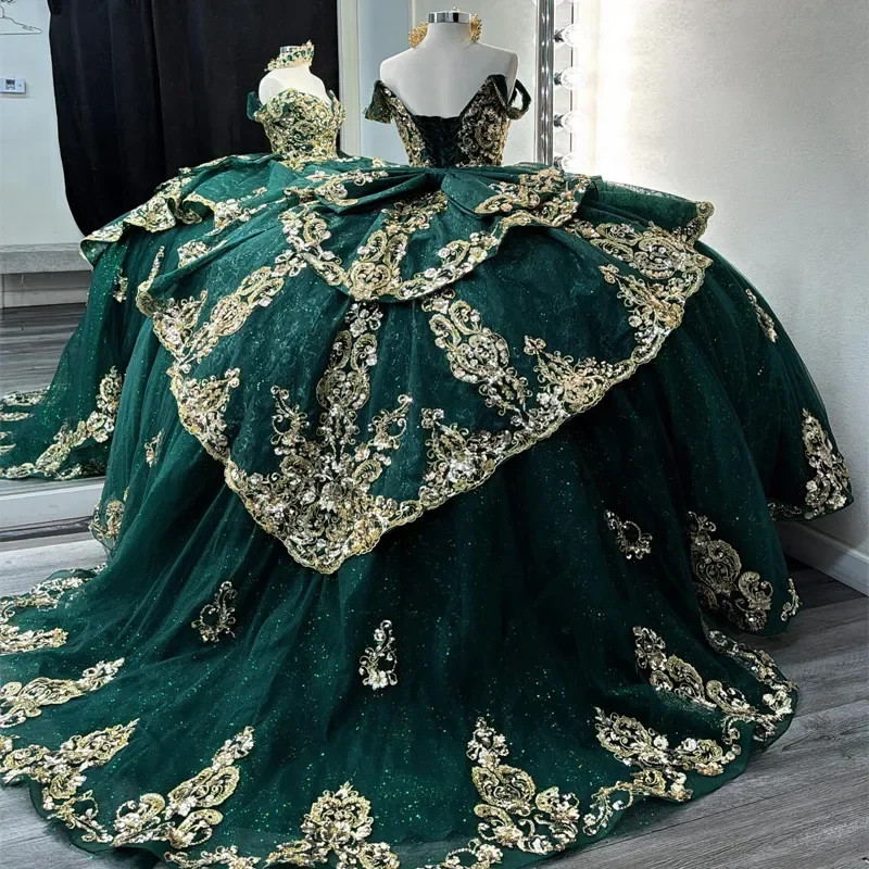 Emerald Green Off-Shoulder Quinceanera Dresses Gold Lace Applique Sweet 16