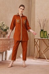Women Rust Brown Cotton Flex Co-Ord Set Embroidered Top Pant Set
