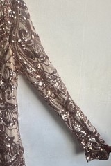 Fashion Nova Rose Gold Sequin Mesh Mock Neck Long Sleeve Bodycon Dress size L