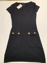 Muche Et Muchette Size S Black Short Sleeve Knit Dress Gold Button Pocket NWT
