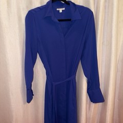Prologue Blue Solid Collared Long Sleeve Belted Long Shirt Dress Womens M