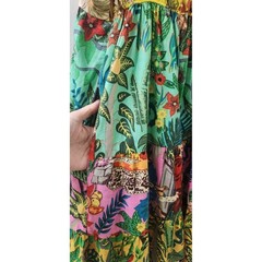 Miss G Tropical Patchwork Ruffle Tiered Midi Dress Yellow Floral Square Neck L