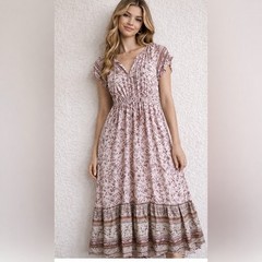 Stitch & Feather Flutter Floral Maxi Dress Cottage Boho Size M NWT