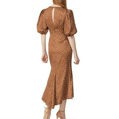 Ronny Kobo Brown White Polka Dot Midi Dress Hi Low Puff Sleeve A-Line XS Party
