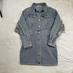 Women’s Western Fringe Denim Shirt Dress Medium Light Wash Button Front Boho