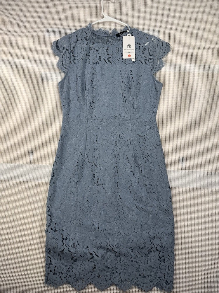 (671) MEROKEETY Women Lace Cocktail Dress Blue Gray Midi Sheath Size M NWT