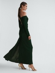 Reiss Delphine Off The Shoulder Cut Out Maxi Dress in Green Size 6