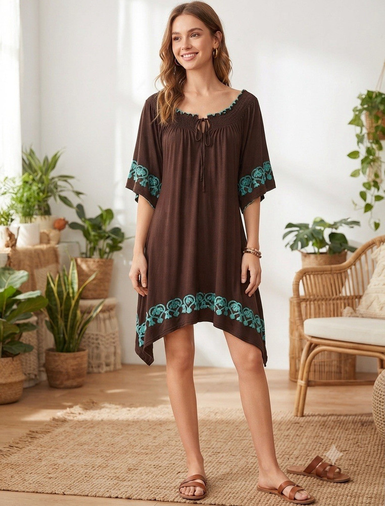 Urban Mango Brown/Turquoise Solid Embroidered Scoop Neck Shift Dress S 3/4