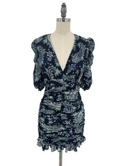 Zara Mini Dress Ruched Blue Floral Paisley Print Feminine Coquette Size S