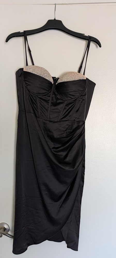 EROS Apparel Inc Dress L Black Satin Rhinestone Cups Corset Top Evening Festival