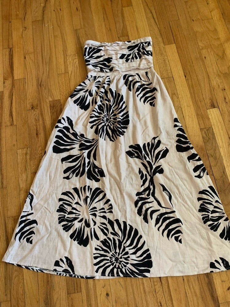 White Closet Elements Strapless Pleated Bodice Beige/Black Petal Print Dress S