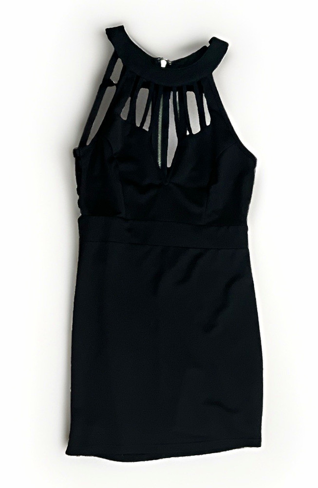 Women&rsquo;s Black Halter Strappy Mesh Bodycon Mini Dress Zip Closure Size M