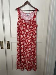 Cabi Floral Stretch Maxi Dress Womens Size Large Red Tan Comfort Beach Preppy