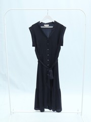 Hobbs Midi Dress Satin Button Waist Tie Belted Navy Blue Size 16