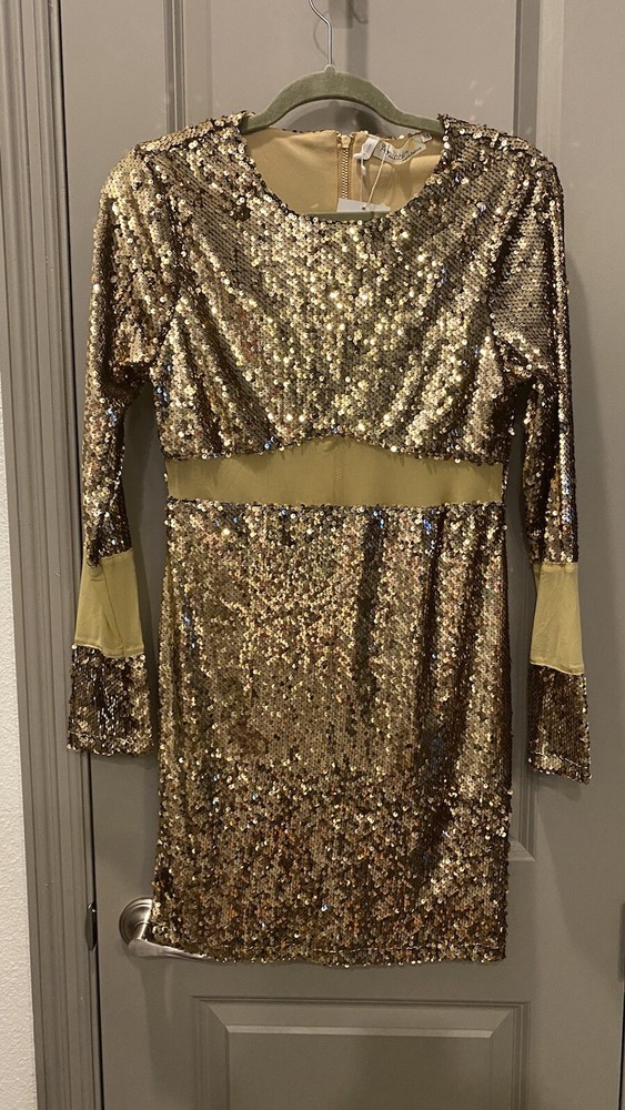 Available by Angela Fashion Gold Sequin Cocktail Dress w/sheer panels M (see Pic
