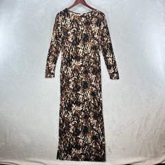BCBGMAXAZRIA Dress Womens M Brown Abstract Print Long Sleeve Maxi Stretch Slit
