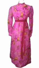 Vtg 60&rsquo;s Mod Chiffon Organza Smocked Dress S Hot pink Floral Puff Cottagecore