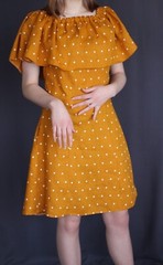 LINEN DRESS, Linen Summer Dress With Ruffled Top, Shoulder off Mustard Dress