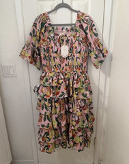 Ivy city co Pink Multicolor Square Neck Smocked Ruffle Puff Sleeve Dress WomensL