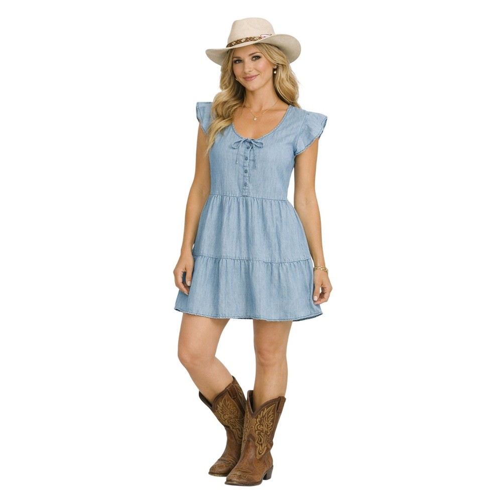 True Craft Sz M Light Blue Denim Tiered Flowy Lyocell Dress Boho Cottagecore EUC