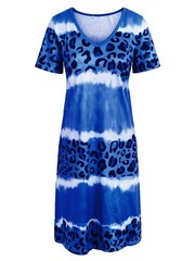 Womens V Neck Tie Dye Leopard Casual T-Shirt Dress Summer Short Sleeve Dresses