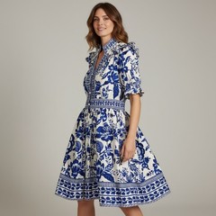 Floral Ruffle Puff Sleeve Button Front Mini Dress Women Size S Blue White