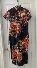 Chinese Style Red Floral Cheongsam Qipao Dress Short Sleeve Elegant Vtg Size-3XL