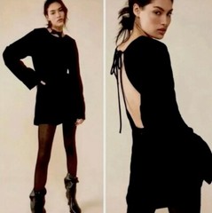 Free People Dress “Chelsea” Black Velvet Long Sleeve Open Back Mini Dress Size S