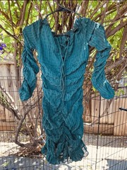 SHEIN Green Off Shoulder Long Sleeve Ruched Ruffle Lace-Up Mini Dress xs