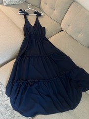 PRETTYGARDEN Solid Blue Smocked V-Neck Tie Strap Maxi Dress, Size M