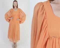 Vtg 60s Avant Garde Chiffon Dress Poet Bell Sleeve Unicolor Cocktail Party Gown